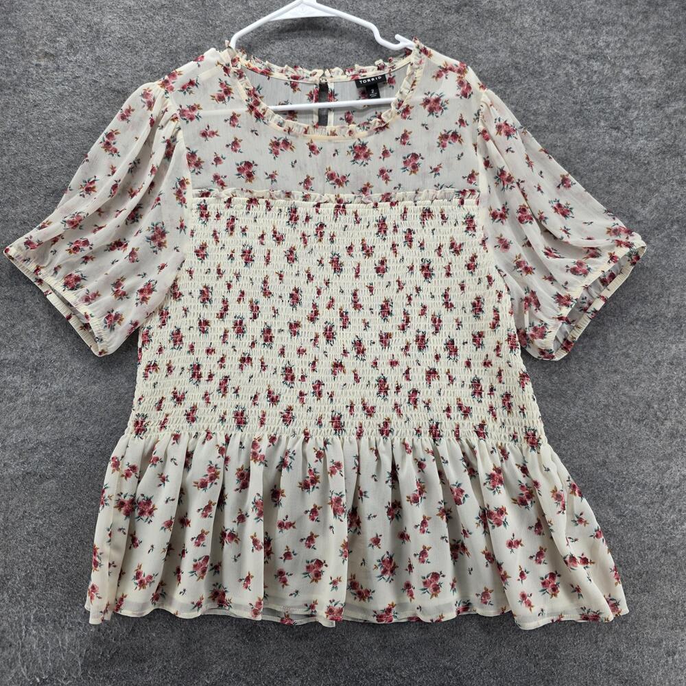 Torrid Blouse Womens 2 Plus White Floral Puff Sleeve Smocked Peplum Top Chiffon